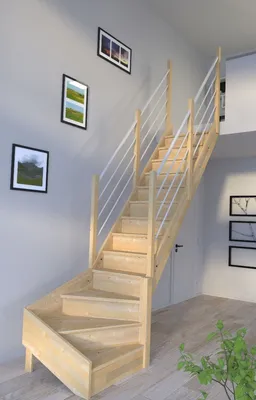 Produktbild von Holztreppe Korfu 1/4 gewendelter Ausführung rechts-Holz-Edelstahl Geländer weiß-beidseitig-mit Setzstufen