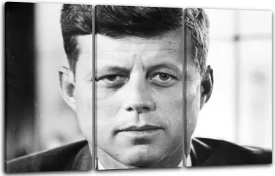 Produktbild von Leinwandbild 3-teilig (120x80cm): John F Kennedy Portrait black white schwarz weiss retro vintage, echter Holz-Keilrahmen inkl. Aufhänger, handgefertigt in Deutschland