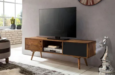 Produktbild von WOHNLING TV Lowboard REPA 140 cm Massiv-Holz Sheesham Landhaus 2 Türen & Fach HiFi Regal braun / schwarz 4 Füße Fernseher Kommode Vintage