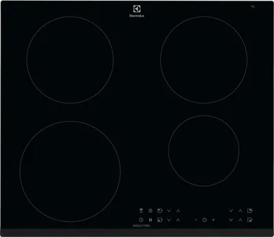A top-down view of a black induction cooktop with four heating zones.