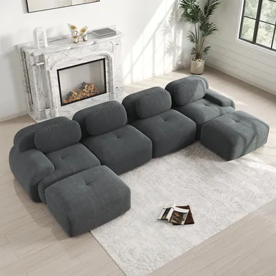 Produktbild von MODFU 4-Sitzer Ecksofa Cord,Modulares Sofa mit Geschwungene Armlehnen und Rutschfeste Unterseite,Rahmenloses Loungesofa mit 2 Ottoman,Grau