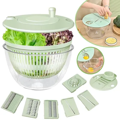 Produktbild von 2-in-1 Salatschleuder, Multifunktionaler Gemüseschneider mit 5 Edelstahlklingen, für Salatzubereitung