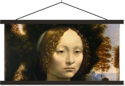 Produktbild von MuchoWow® Textilposter Ginevra de' Benci - Leonardo da Vinci 120x60 cm mit schwarzem Rahmen - Dekoration Schlafzimmer