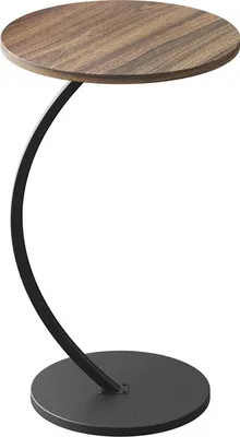 A round wooden side table with a curved black metal base.