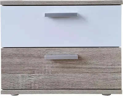 A front view of a two-drawer nightstand.