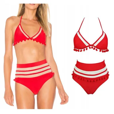 Produktbild von Badeanzug - Zweiteiliger Badeanzug - mit Spitze - Bikini mit Bügeln - Push-up - Rot - Boho - S