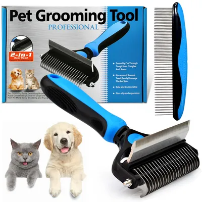 Productafbeelding van GLUTTONY 2-in-1 borstel voor honden en katten, gemaakt van metaal, ideaal voor huisdierbezitters met honden of katten, blauw