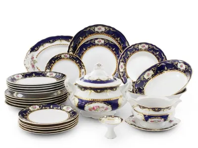 Zdjęcie produktu dla Zestaw obiadowy Sonata, czeska porcelana, kobalt, róż, Leander, 25 szt