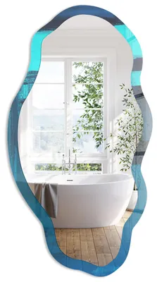Produktbild von Ausgefallener Wandspiegel mit Motivdruck – organische Freiform – 90x45 cm – asymmetrischer Designspiegel – moderne Dekoration für Wohnzimmer, Flur und Schlafzimmer - Abstraktes Blau