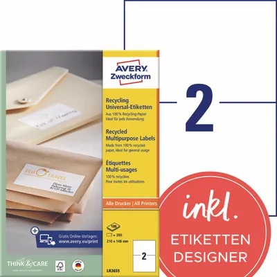 Produktbild von Avery Zweckform LR3655, Recycling Universal-Etiketten, A4, 210 x 148 mm, 200 Etiketten / 100 Bögen, naturweiß