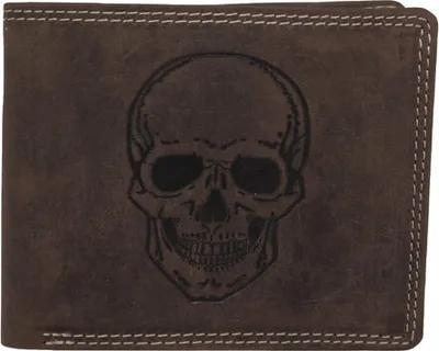 Produktbild von Hochwertiges Büffelleder Portemonnaie mit RFID-Schutz und Totenkopf-Motiv in Dunkel Braun