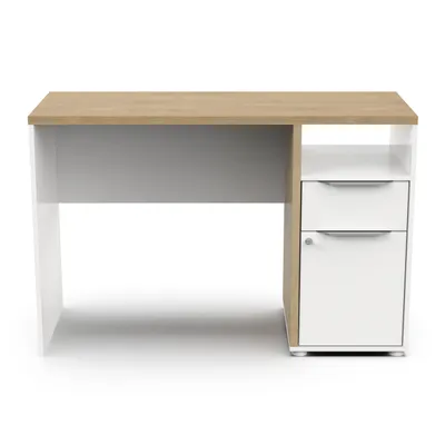 Obrázok produktu pre Kancelársky stôl Demeyere ACCESS, biely + hnedý, vyrobený vo Francúzsku, 116,7x44,9x77,4 cm, kancelársky nábytok, melamínová drevotrieska, 1 zásuvka, 1 skrinka