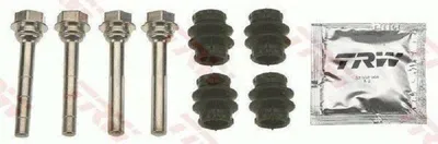 A set of brake caliper guide pins, dust boots, and a packet of grease, laid out on a white background.