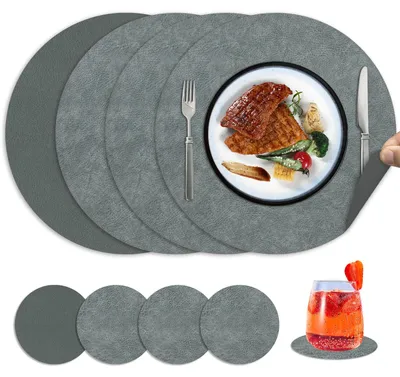 Runde Platzsets aus Leder, 4 Stk., grau, mit Untersetzern