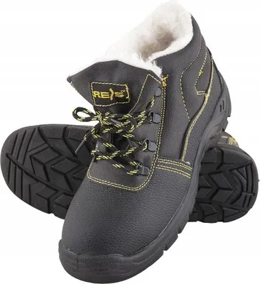 A pair of black work boots with yellow stitching and white fur lining, shown against a white background.