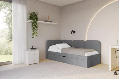 Produktbild von ALTDECOR Jugendbett mit Bettkasten ALVY - 80x200 - Dunkelgrau - Poso 115 - Bett mit Matratze - Rechts angeordnet - Einzelbett mit Stauraum - Polsterbett Kinderbett