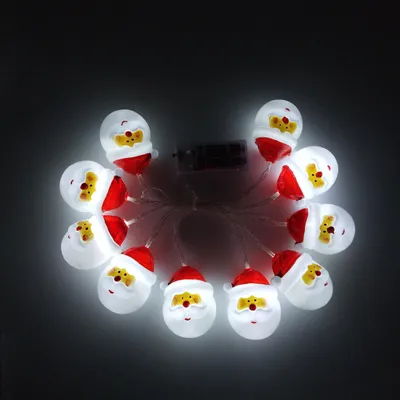 A string of Santa Claus-shaped LED lights on a dark background.
