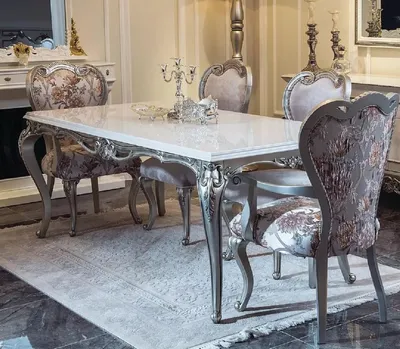 Produktbild von Casa Padrino Luxus Barock Esstisch Weiß / Silber - Handgefertigter Küchentisch im Barockstil - Barock Esszimmer Möbel