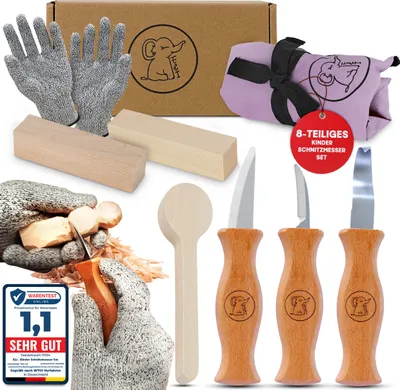 Produktbild von Eli Schnitzmesser Kinder Set ab 6 Jahre, hochwertiges 8-teiliges Kindermesser Schnitzset inkl. schnittfeste Handschuhe und Schnitzholz