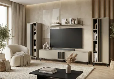 Produktbild von MINIO go for it, "HURON I" Wohnwand – 2 Schränke, TV-Board mit 3 Klappen, Wandregal, modernes Wohnzimmermöbel, Beige Congo/ Schwarz Farbe