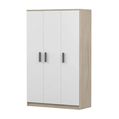 Produktbild von Kinder-Kleiderschrank 120 cm – Sonoma/Weiß mit graue Griffe, Kleiderstange & Einlegeböden JONAS 19
