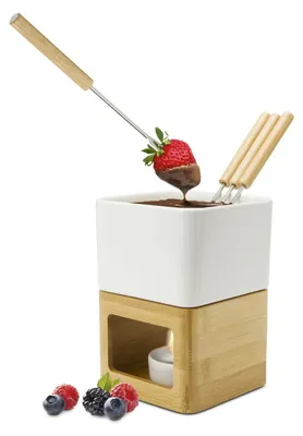 Fondueset, 4-teilig, Keramik/Holz, 11x11x15 cm, für Schoko-/Käsefondue
