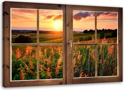 Produktbild von Leinwandbild fenster - blick auf eine wiese 90x60 cm Feeby gelb wandbild bereit zum aufhängen