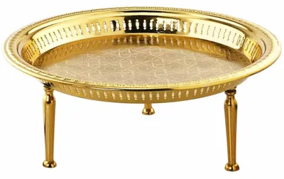 Immagine prodotto di Vassoio rotondo orientale in metallo Atay, 50 cm, dorato | Vassoio decorativo orientale con bordo alto | Vassoio da portata rotondo marocchino | Decorazione orientale dorata sulla tavola imbandita