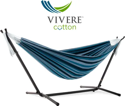 Produktbild von VIVERE Hängematte aus Baumwolle mit Gestell 250 cm – 200 kg Belastung - Blaue Lagune