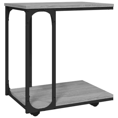 A side view of a gray and black side table with wheels.