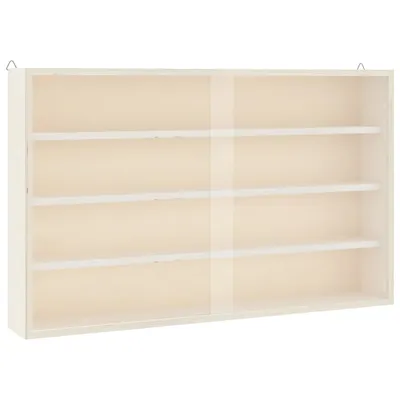 A white wooden display cabinet with multiple shelves and transparent sliding doors, shown against a white background.