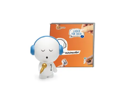 A small white figure with blue headphones and a gold microphone stands in front of an orange square with stickers.