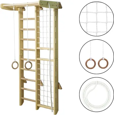 Produktbild von Sprossenwand Kinderzimmer indoor + Turnringe | Klettergerüst Kinderzimmer | Spielplatz Kletternetz | Holz