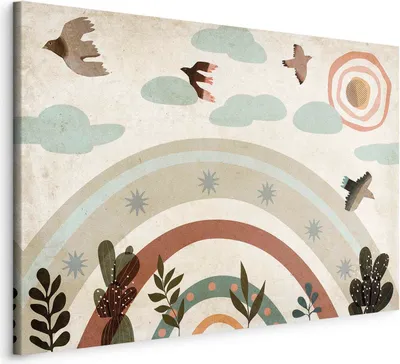 Produktbild von Italienischer Leinwand Leinwandbild - Rainbow and Sun Above - Birds in Subdued Colors Flying Among Clouds Above a Rainbow and Various Plants on a Light Background 90x60 cm Für Kinder e-C-10065-b-a