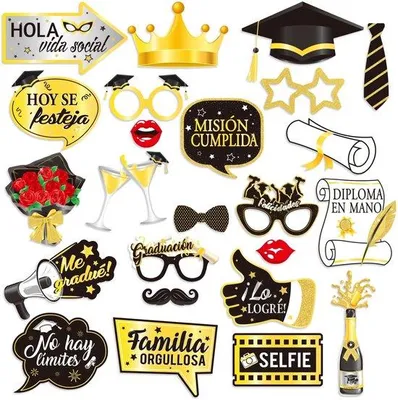 Productafbeelding van Fotoaccessoires 24 Stuks - Decoratie Afstudeerfeest - Fotoprops - Goud/Zwart - Doe-Het-Zelf - Feestversiering