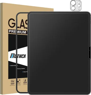 A black screen protector for an iPad Pro is shown next to its packaging.