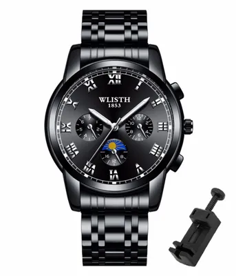 A black wristwatch with a metal band and a black dial, shown against a white background. A small tool for adjusting the watch band is also visible to the right.