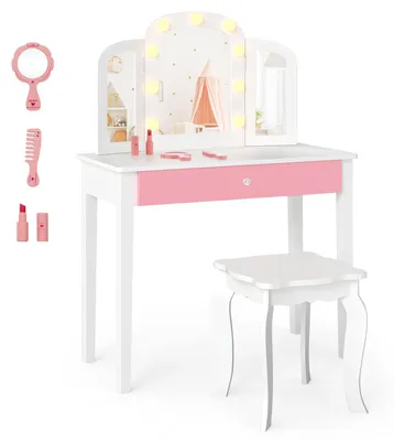 Imagen del producto de FANTASK: Mesa de maquillaje 2 en 1 para princesas, con cajón y taburete, ideal para niños