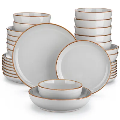 Image de vancasso 32 pcs. Service combiné en faïence, Set de vaisselle avec émail sésame, Set avec assiette plate, assiette à gâteau, bol à soupe et bols multi-usages, gris