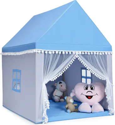 Produktbild von Domek do zabawy dla dzieci COSTWAY, namiot do zabawy dla dzieci z ramą z litego drewna i bawełnianym pokryciem, domek do zabawy dla 3-4 dzieci 120x105x140cm niebieski