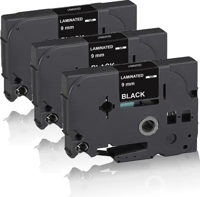 Three black label tape cartridges are arranged diagonally on a white background.