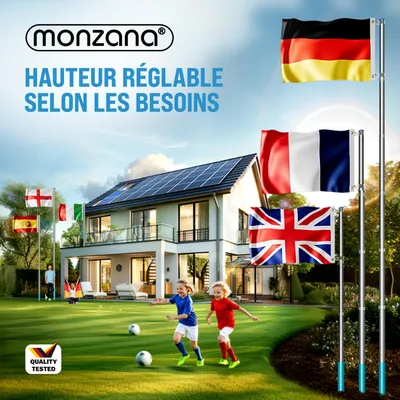 Image de MONZANA® Mât de drapeau télescopique aluminium 6,3m douille de sol 60cm drapeau allemand national réglable hauteur jardin hampe drapeau