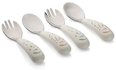 Produktbild von PromoHome® Babybesteck-Set 4-teilig - 2 Gabeln und 2 Löffel - ab 12 Monaten - Edelstahl - Cremeweiß mit Muster