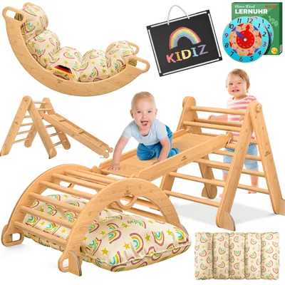 Image de KIDIZ® Structure d'escalade Montessori 7 en 1, ensemble de jeux avec barre d'escalade, toboggan, triangle d'escalade en bois, comprenant des coussins, un tableau et une horloge éducative | Aire de jeux intérieure pour les tout-petits à partir de 1 an et les enfants jusqu'à 3 ans