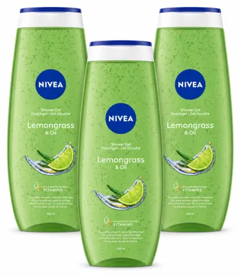 Imagen del producto de 3 unidades de gel de ducha NIVEA con aroma a hierba de limón y aceite, 500 ml cada uno. Paquete económico