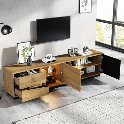 Productafbeelding van STILVORA TV-kast met LED-verlichting en 2 deuren, TV-dressoir met 2 lades en een glazen plank, TV-meubel met open vak en kabeldoorvoer