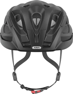 A black ABUS bicycle helmet shown from the back.