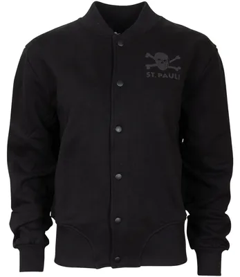 Produktbild von FC St. Pauli Collegejacke All Black tailliert, Original Fanartikel, Schwarze Damen Jacke mit Totenkopf-Print, 100% Baumwolle