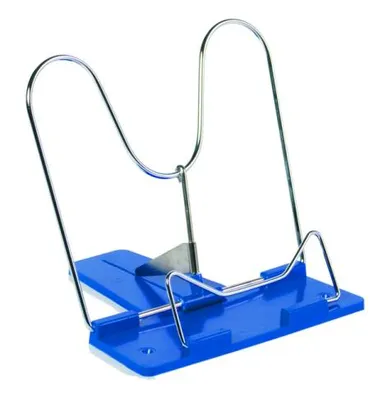 A product shot of a blue book stand with silver metal supports.
