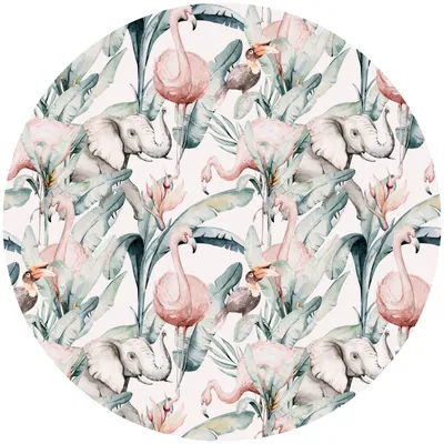 Produktbild von Sticker Kreis FLAMINGOS Vögel Elefanten Tiere Blätter Blumen Pflanzen Natur Aufkleber Wanddeko 100 cm x 100 cm